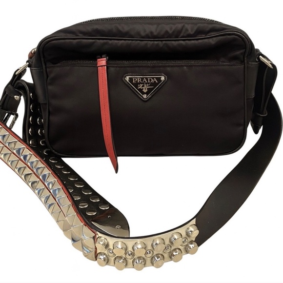 Prada Vela Black Bag w/red leather and silver studded strap - Picture 5 of 7